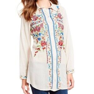 Skully Tunic Top Embroidered Cream Long Sleeve Button Down Blouse Boho Festival